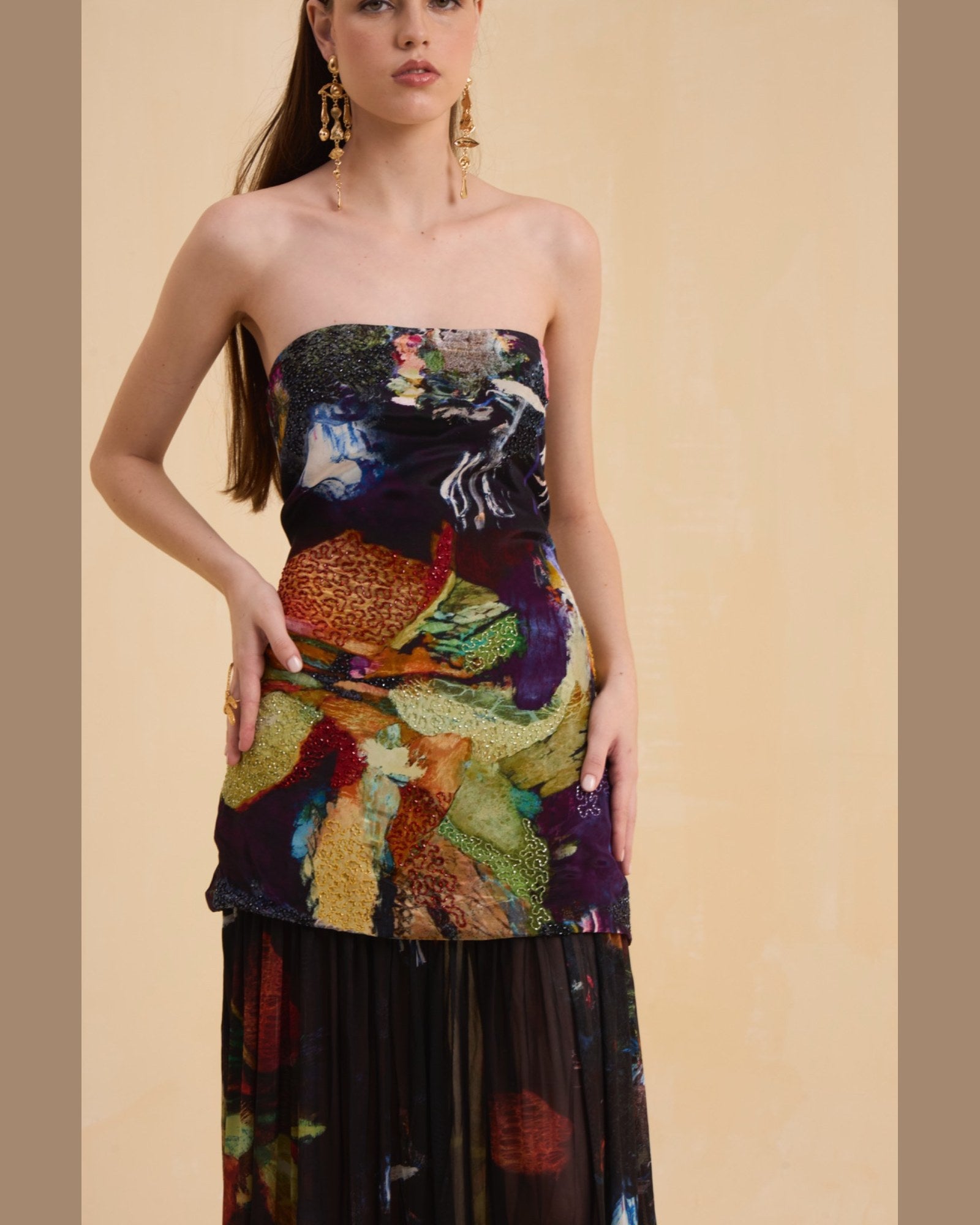 RIV MULTICOLOR ABSTRACT EMBELLISHED OFF SHOULDER DRESS