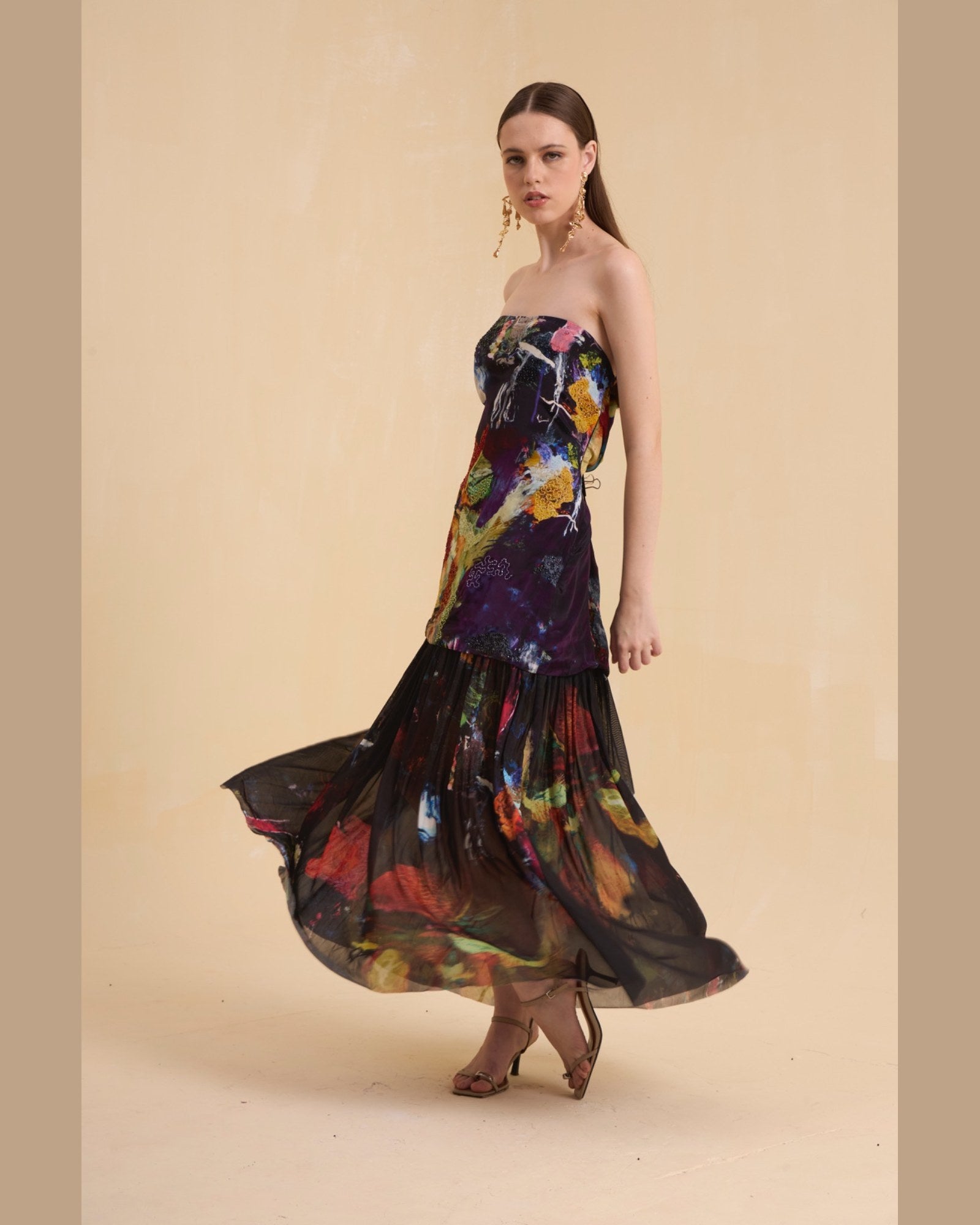 RIV MULTICOLOR ABSTRACT EMBELLISHED OFF SHOULDER DRESS