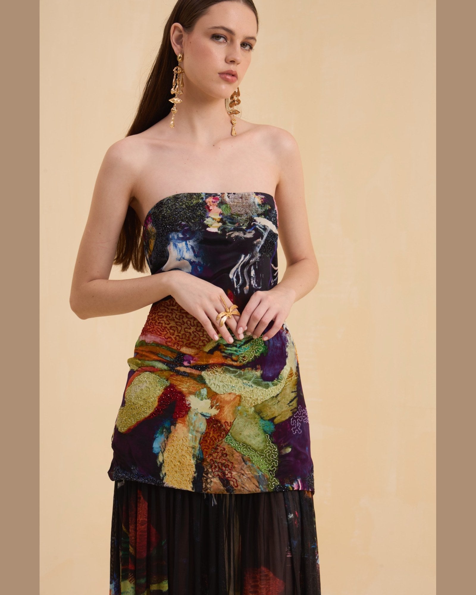 RIV MULTICOLOR ABSTRACT EMBELLISHED OFF SHOULDER DRESS