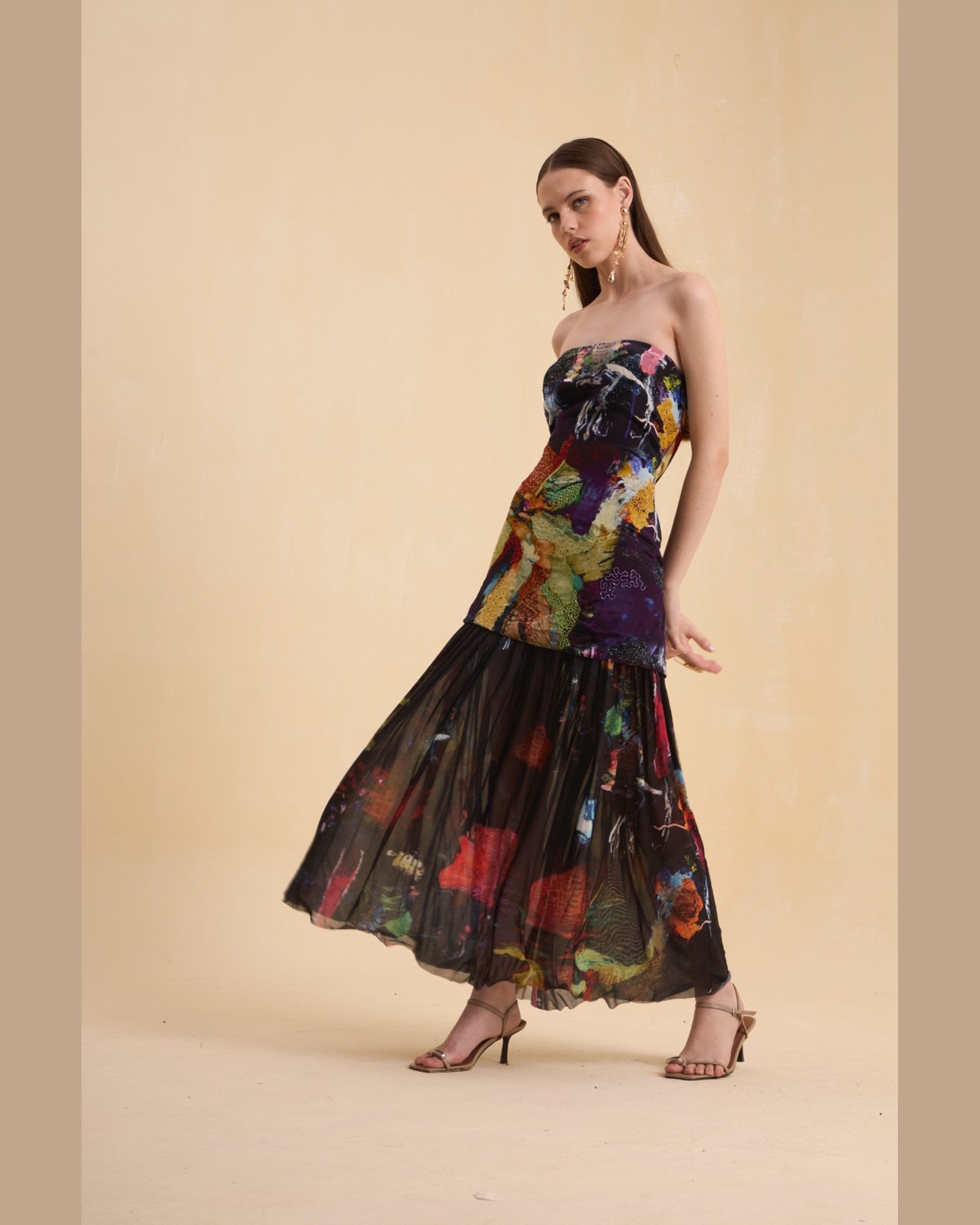 RIV MULTICOLOR ABSTRACT EMBELLISHED OFF SHOULDER DRESS