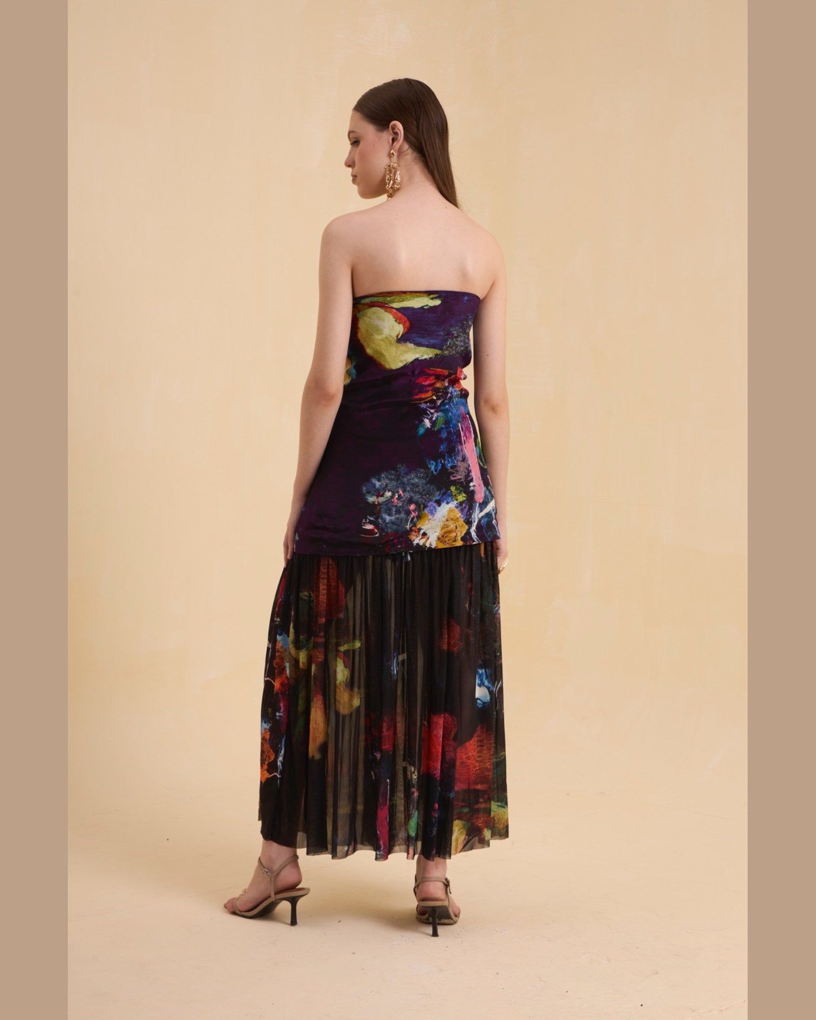 RIV MULTICOLOR ABSTRACT EMBELLISHED OFF SHOULDER DRESS